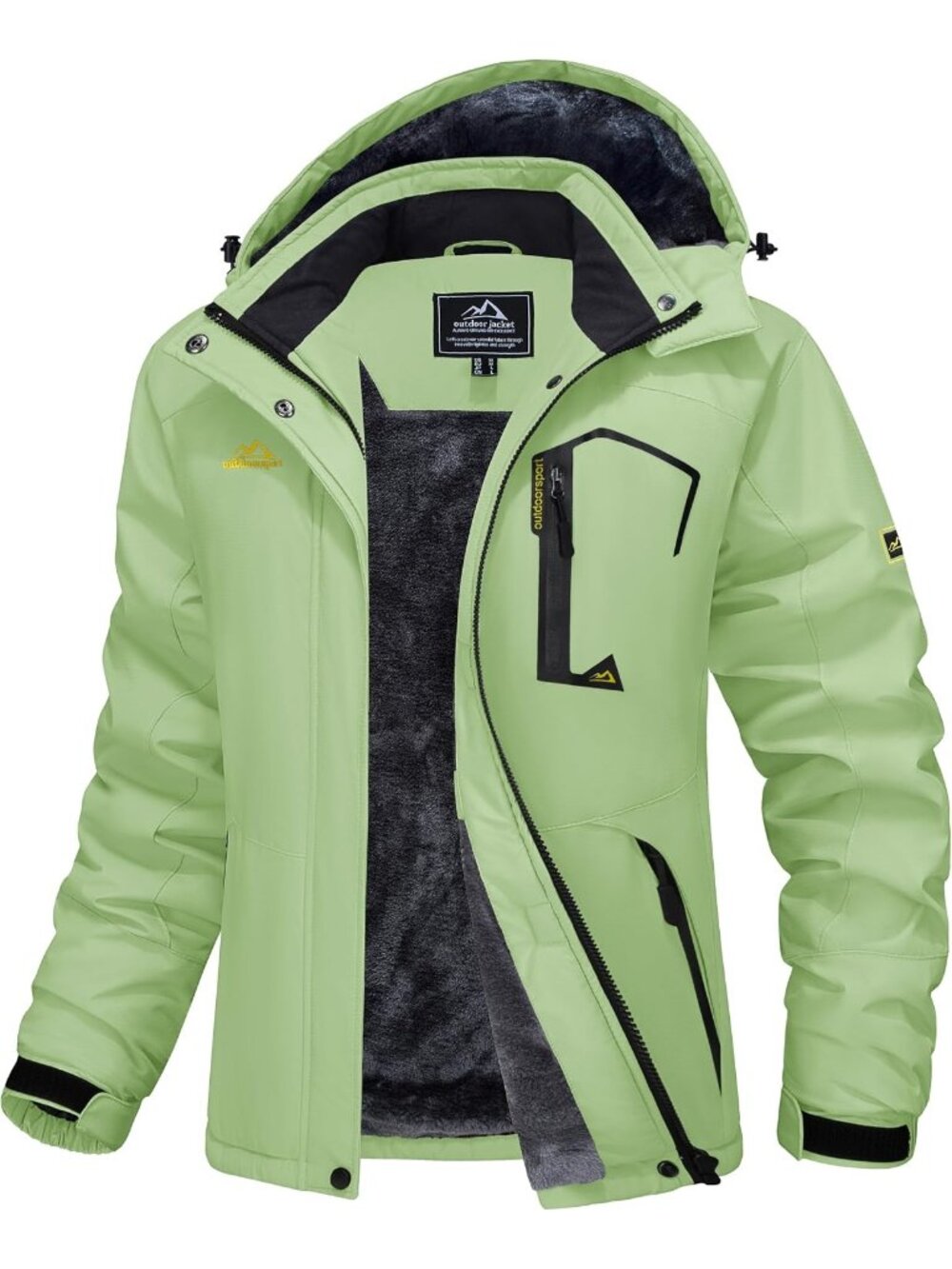 Women Light Green Band Collar Multiple Pockets Insulated Thermal Ski Jackets